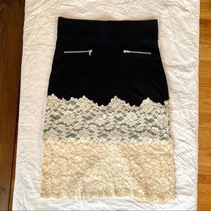 Ivory Lace & Black Cotton Bodycon Skirt